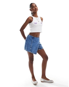 Мини-юбка из денима с запахом спереди, средне-синего цвета Pieces