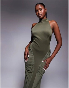 Платье макси с высоким воротом и рюшами цвета хаки Asos design