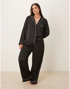 Пижамный комплект из атласной рубашки и брюк ASOS DESIGN Curve черного цвета Asos curve