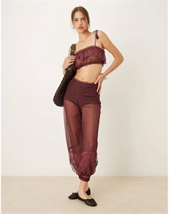 Брюки из прозрачной сетки с кружевным подолом ягодного цвета Asos design