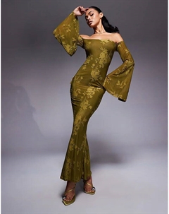 Платье макси с открытыми плечами, объемными рукавами-ангелами и бантом на спине оливково-зеленого цвета Asos design