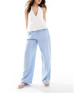Брюки из льняной смеси с завязкой на талии в сине-белую полоску Vero moda