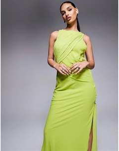 Платье макси из текстурированного шифона с драпировкой и косой бахромой зеленого цвета Asos design