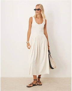 Платье миди с ребристым лифом и глубоким вырезом на талии кремового цвета Asos design