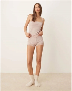 Пижамные шорты Mix & Match из рубчика и кружева коричневого цвета Asos design