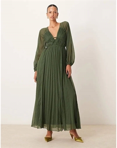 Платье мидакси с глубоким декольте и длинными рукавами, плиссированное, оливкового цвета Asos design
