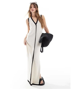 Пляжное трикотажное платье макси без рукавов с контрастной отделкой и V-образным вырезом цвета экрю 4th & reckless