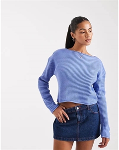 Свободный ребристый свитер с круглым вырезом и подвернутым краем синего цвета Asos design