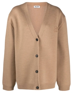Кардиган из смесовой шерсти с вышитым логотипом, коричневый Miu miu