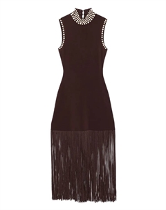 Платье с высоким воротником и бахромой, коричневый Sandro