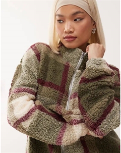 Флисовая кофта свободного кроя в клетку кремового и хаки цвета Noisy may