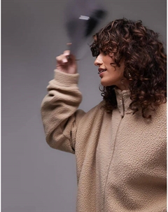 Флисовая кофта Borg с воротником-стойкой и застежкой-молнией цвета верблюжьей шерсти Topshop