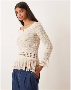 Вязаный свитер с открытыми плечами и бахромой по краю от в цвете «камень» Asos design