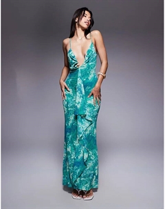 Платье макси из сетчатого материала с принтом и оборками на фурнитуре синего цвета Asos design