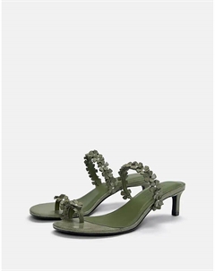 Босоножки на каблуке с цветами зеленого цвета Pull & bear