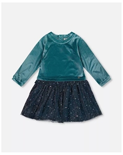 Платье для девочек с длинными рукавами, из двух материалов: бархата и плиссированной сетки, бирюзового цвета, синий Deux par deux