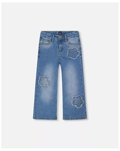 Джинсы-стрейч светло-голубого цвета для девочек с цветочной вышивкой, широкие штанины, для детей, синий Deux par deux