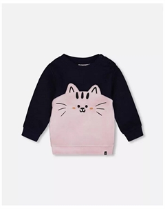 Длинный топ для девочки из двух материалов, темно-синий, с котом - Детский Deux par deux