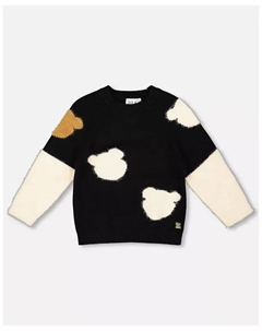 Вязаный свитер для девочки, черный с интарсией в виде медведя - Детский Deux par deux