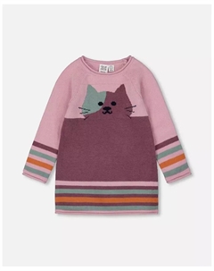 Вязаное платье для девочки, пыльно-розовое с котом - Baby, розовый Deux par deux
