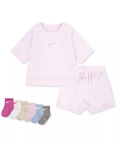 Комплект из 2 предметов для девочек: футболка, шорты и 6 носков с логотипом Swoosh, белый Nike