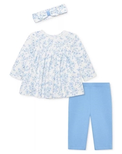 Хлопковая повязка на голову для девочки, туника с цветочным принтом и леггинсы, комплект из 3 предметов, синий Little me