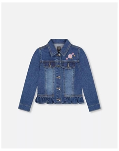 Джинсовая куртка для девочки, синяя, с оборкой по низу и цветочной вышивкой – для малышей|детей, синий Deux par deux