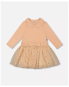 Платье для девочек из двух материалов с блестящей юбкой, бежевое, коричневый/бежевый Deux par deux