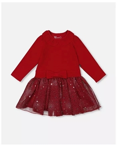 Платье для девочки из двух материалов с блестящей юбкой, красное - Baby, красный Deux par deux