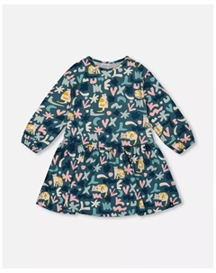 Трикотажное платье для девочек с принтом «Зелёный кот», зеленый Deux par deux