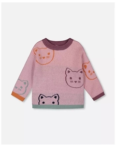 Вязаный жаккардовый свитер для больших девочек, пыльно-розовый с котами Deux par deux