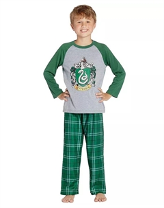 Пижамный комплект из 2 предметов для малышей в клетку с гербом факультетов Хогвартса, реглан, зеленый Harry potter