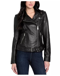Женская асимметричная кожаная байкерская куртка с поясом, черный Guess