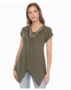 Женский трикотажный топ с косым подолом и отделкой бисером, зеленый White mark