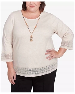 Трикотажный топ с кружевной отделкой и ожерельем размера плюс «Летнее солнцестояние», коричневый/бежевый Alfred dunner