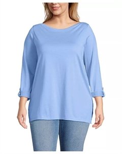 Женская туника Supima Cotton Plus Size с регулируемым рукавом 3/4 и вырезом-лодочкой, синий Lands' end
