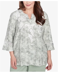 Топ Санта-Фе с расклешенными рукавами и геометрической вышивкой больших размеров, зеленый Alfred dunner