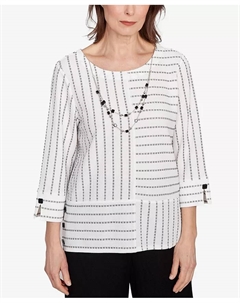 Топ Petite Santa Barbara Splice с текстурированной полоской, круглым вырезом и ожерельем, черный Alfred dunner