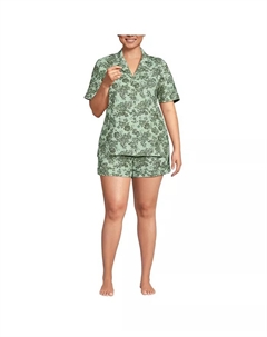 Женский льняной пижамный комплект из двух предметов больших размеров: топ с коротким рукавом и шорты, зеленый Lands' end