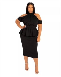 Платье миди с баской и вырезами на плечах больших размеров, черный Buxom couture