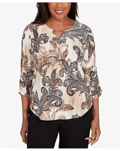 Миниатюрный топ с текстурированным узором пейсли и присборенными рукавами, коричневый/бежевый Alfred dunner