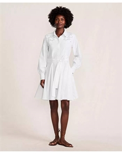 Женское платье из поплина с вышивкой, пуговицами спереди и годе, белый Lands' end