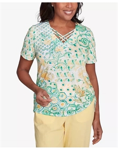Женская футболка Rise Shine с тропическим геометрическим принтом и V-образным вырезом в стиле пэчворк, мультиколор Alfred dunner