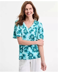 Женский трикотажный топ с V-образным вырезом и короткими рукавами, синий Jm collection