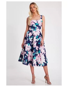 Женский приталенный топ с цветочным принтом и квадратным вырезом Scuba Foam, синий Quiz