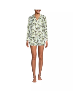 Женский пижамный комплект из двух предметов из матового атласа: топ с длинным рукавом и шорты, белый Lands' end