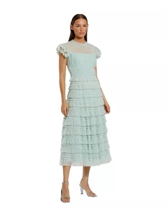 Женское платье миди с однотонной сеткой в ​​горошек с микро-оборками и высоким воротом, зеленый Mac duggal