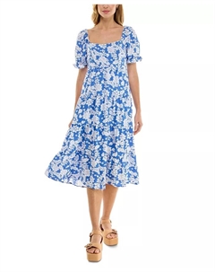 Платье для юниоров с цветочным принтом, бантом на спине и рукавами-фонариками, синий Crystal doll