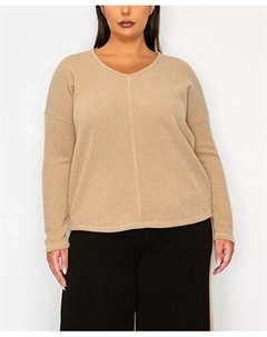 Топ размера плюс с фактурным рубчиком спереди, с длинными рукавами и подолом, коричневый/бежевый Coin 1804