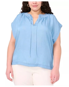 Топ в крестьянском стиле с разрезом на горловине и сборками размера плюс, синий Vince camuto